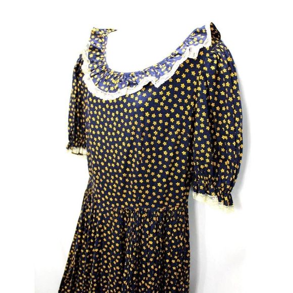 Cottage Core Long Dress Country Victorian Style Lace Seam Navy Blue Floral Print - Picture 6 of 10